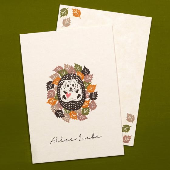 10x Greeting Card | Hedgehog in a whirlwind of leaves