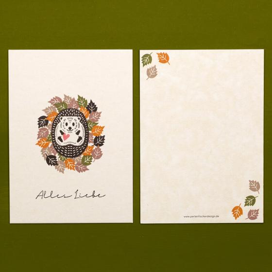 10x Greeting Card | Hedgehog in a whirlwind of leaves