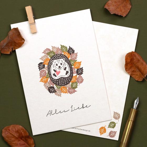 10x Greeting Card | Hedgehog in a whirlwind of leaves